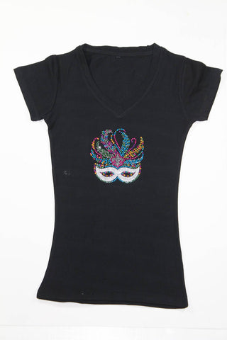 Kids Tshirt Venetian Mask Center Feather and Fleurdli Silver Glitter