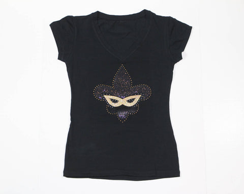 Black Fleur de lis with Gold Mask Rhinestone