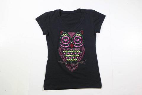 Large Owl Pink and Green Rhinestone