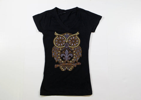 Large Owl with Fleur de lis and Brown Outline Rhinestone