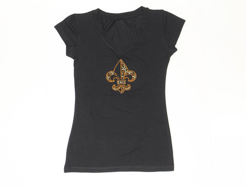Open Fleur de lis Small with Swirl Detail Gold Rhinestone