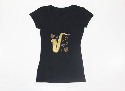 Glitter Saxophone with Music Notes and Fleur de lis Rhinestone