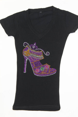 Strappy High Heels with Fleur de lis Purple Rhinestone