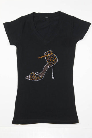 Strappy Slingback Heel Animal Print Black and Gold Rhinestone