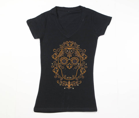 Sugar Skull Black and Gold Rhinestone